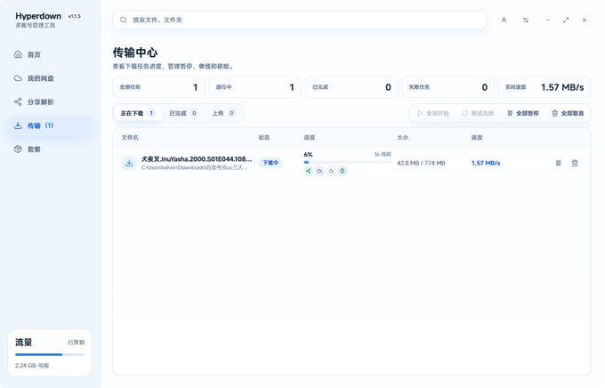 发现一个好用的网盘下载软件：Hyperdown，支持度盘/夸克/UC三大网盘不限速下载。亲测有效（见图）。